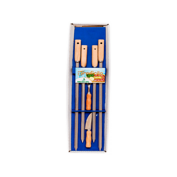 Kit churrasco: 4 espetos simples, garfo e faca